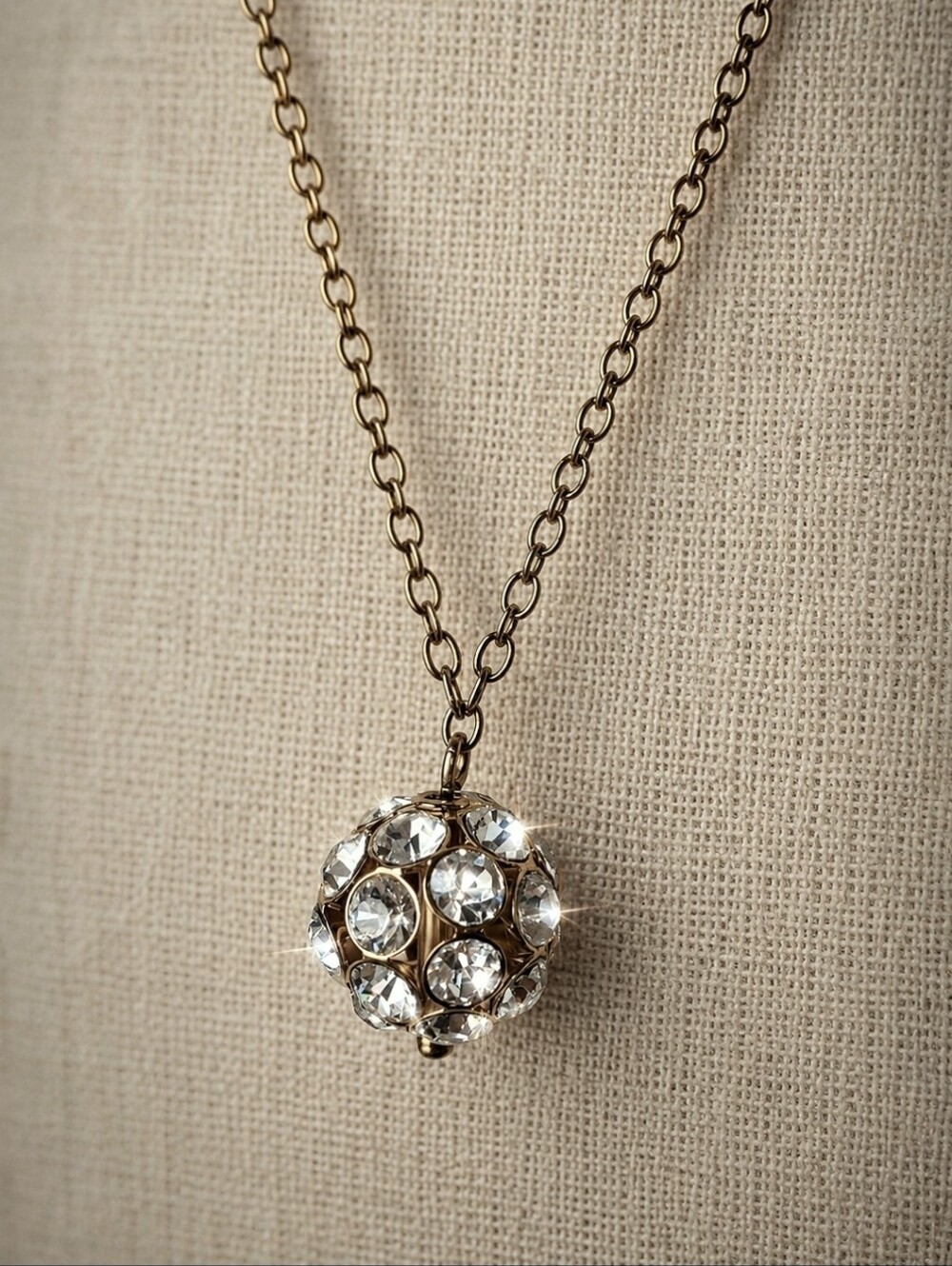 J Crew Single Round Disco Ball Style Rhinestone Pendant Necklace Clear Bezel Set